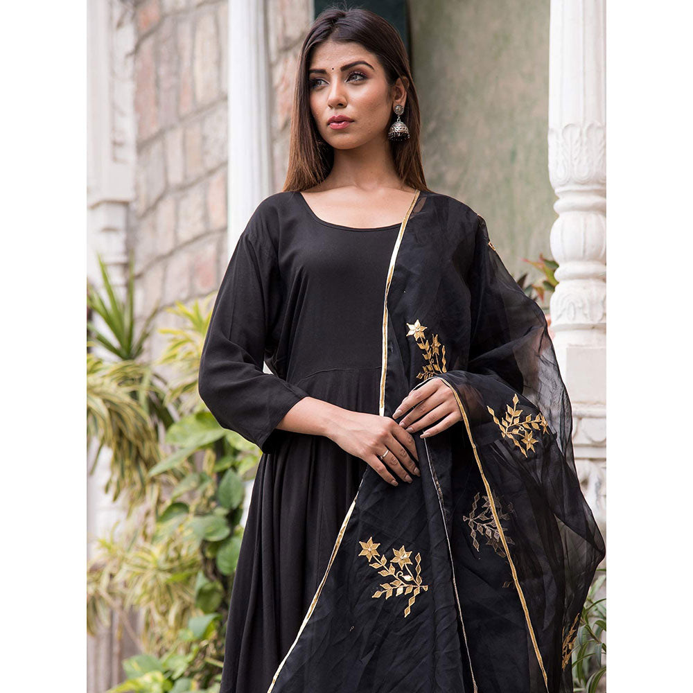 Gulabo Jaipur Black Mulmul Kurta With Pant & Organza Golden Detailing Dupatta (Set of 3)