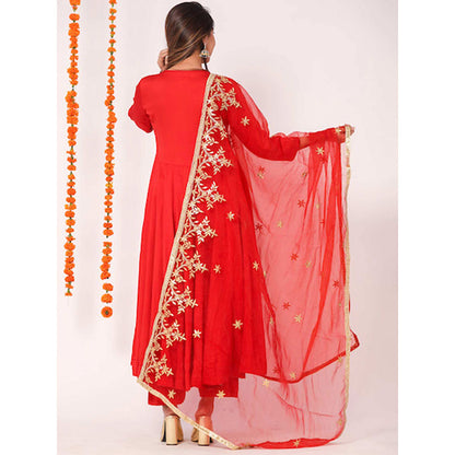 Gulabo Jaipur Red Mudaal Kurta With Pant & Organza And Gottapatti Work Dupatta (Set of 3)