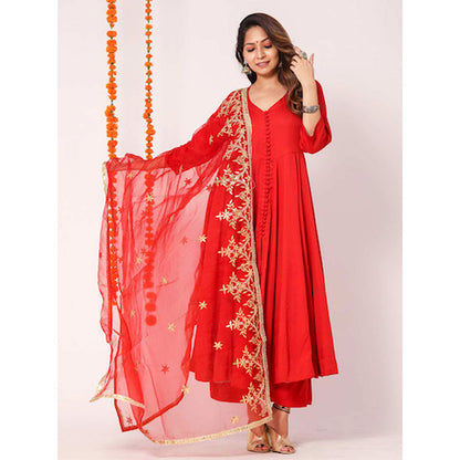 Gulabo Jaipur Red Mudaal Kurta With Pant & Organza And Gottapatti Work Dupatta (Set of 3)