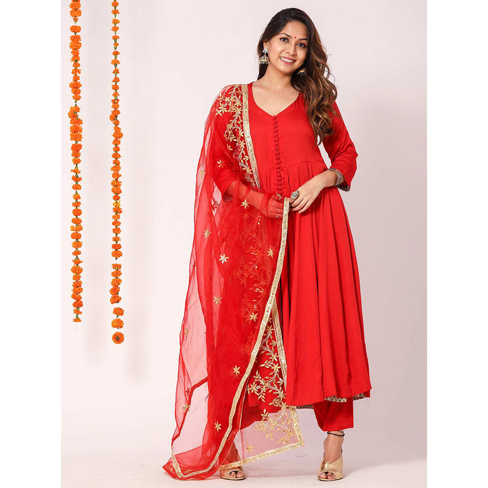 Gulabo Jaipur Red Mudaal Kurta With Pant & Organza And Gottapatti Work Dupatta (Set of 3)