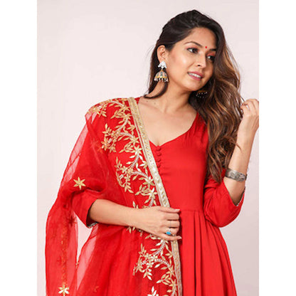 Gulabo Jaipur Red Mudaal Kurta With Pant & Organza And Gottapatti Work Dupatta (Set of 3)