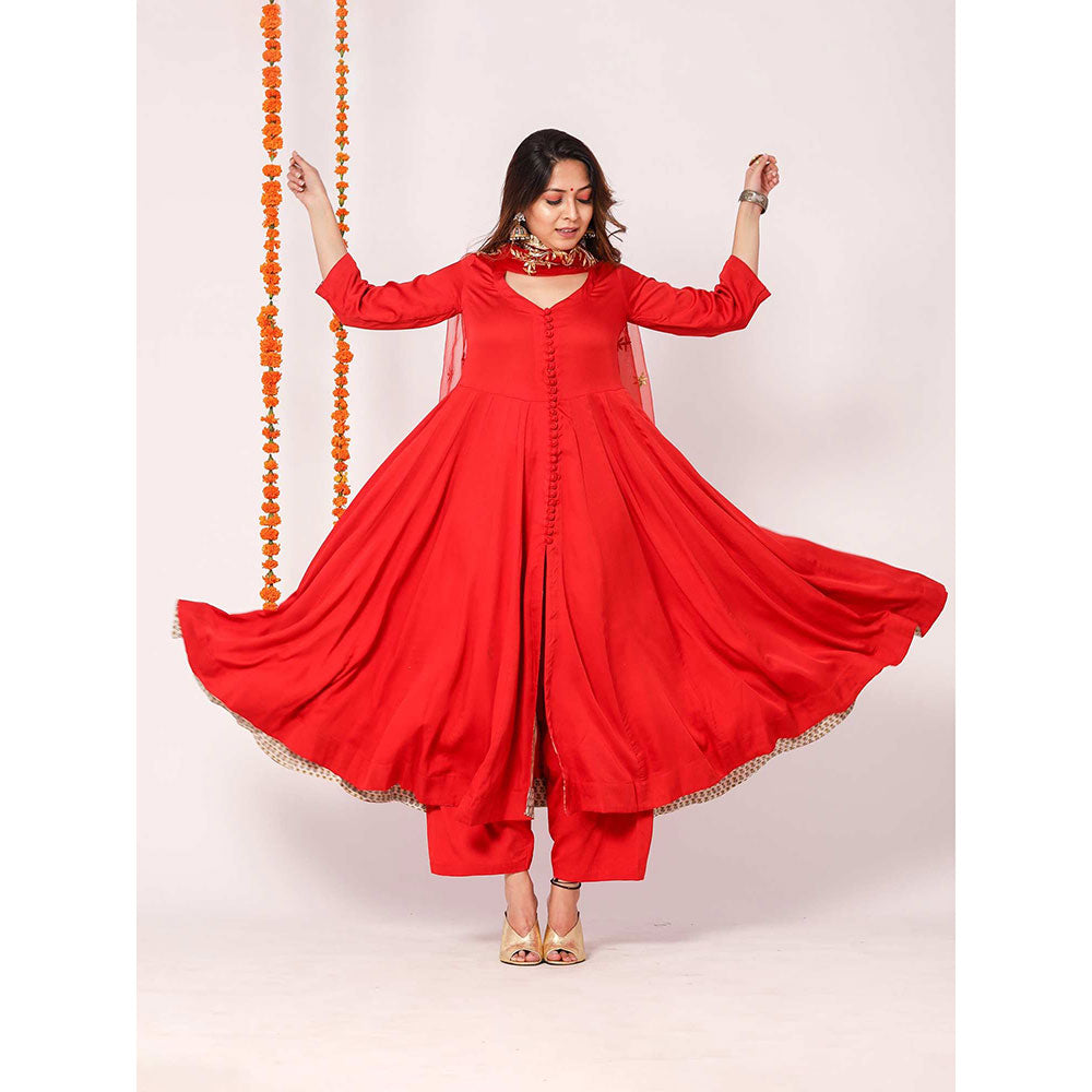Gulabo Jaipur Red Mudaal Kurta With Pant & Organza And Gottapatti Work Dupatta (Set of 3)