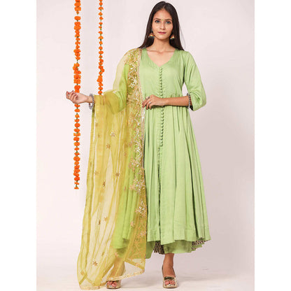 Gulabo Jaipur Green Mudaal Kurta With Pant & Organza And Gottapatti Work Dupatta (Set of 3)