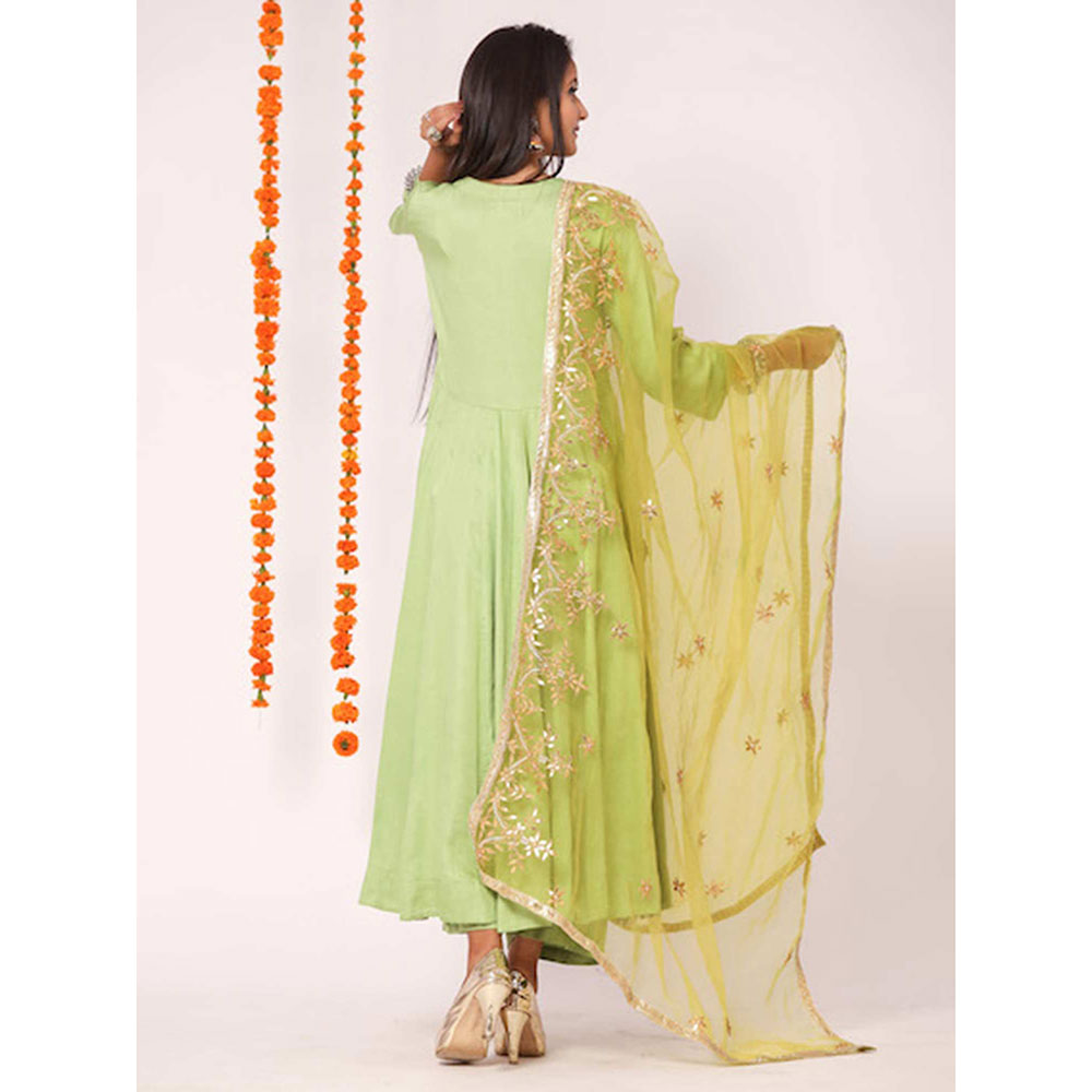 Gulabo Jaipur Green Mudaal Kurta With Pant & Organza And Gottapatti Work Dupatta (Set of 3)