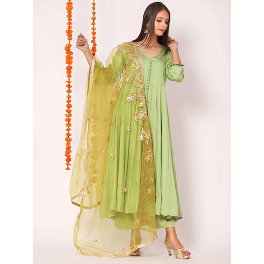 Gulabo Jaipur Green Mudaal Kurta With Pant & Organza And Gottapatti Work Dupatta (Set of 3)