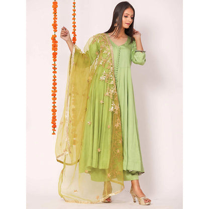 Gulabo Jaipur Green Mudaal Kurta With Pant & Organza And Gottapatti Work Dupatta (Set of 3)