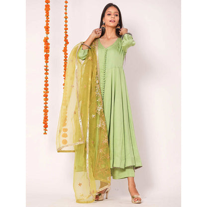 Gulabo Jaipur Green Mudaal Kurta With Pant & Organza And Gottapatti Work Dupatta (Set of 3)