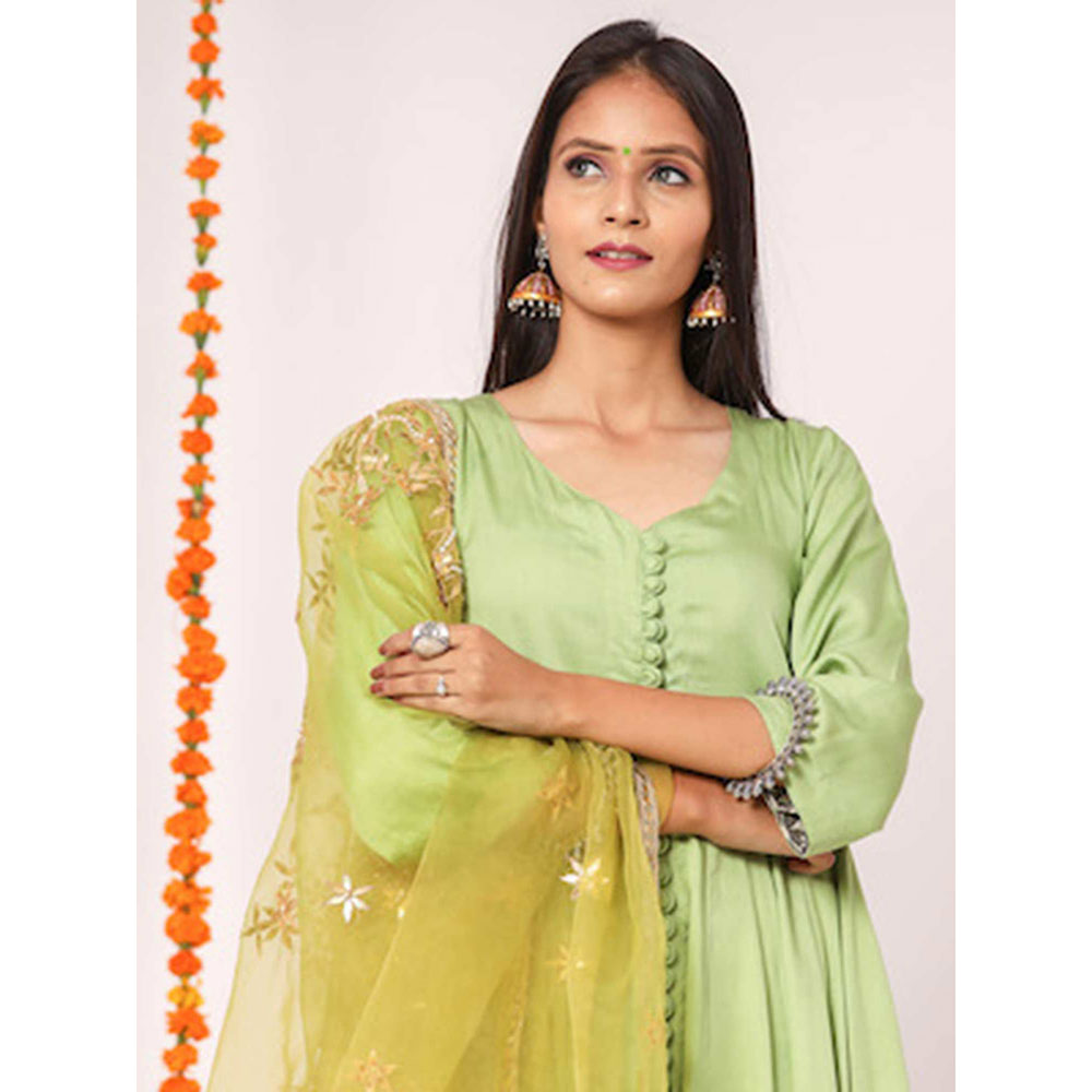 Gulabo Jaipur Green Mudaal Kurta With Pant & Organza And Gottapatti Work Dupatta (Set of 3)