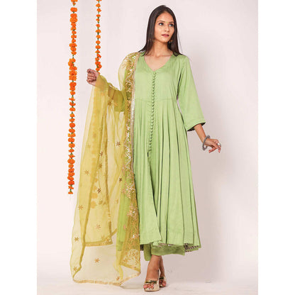 Gulabo Jaipur Green Mudaal Kurta With Pant & Organza And Gottapatti Work Dupatta (Set of 3)