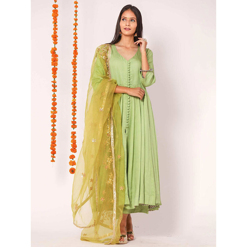 Gulabo Jaipur Green Mudaal Kurta With Pant & Organza And Gottapatti Work Dupatta (Set of 3)