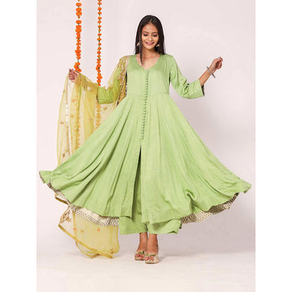 Gulabo Jaipur Green Mudaal Kurta With Pant & Organza And Gottapatti Work Dupatta (Set of 3)