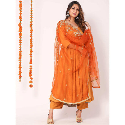 Gulabo Jaipur Orange Mudaal Kurta With Pant & Organza And Gottapatti Work Dupatta (Set of 3)
