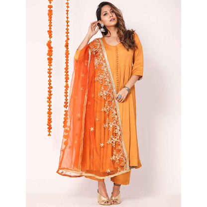 Gulabo Jaipur Orange Mudaal Kurta With Pant & Organza And Gottapatti Work Dupatta (Set of 3)
