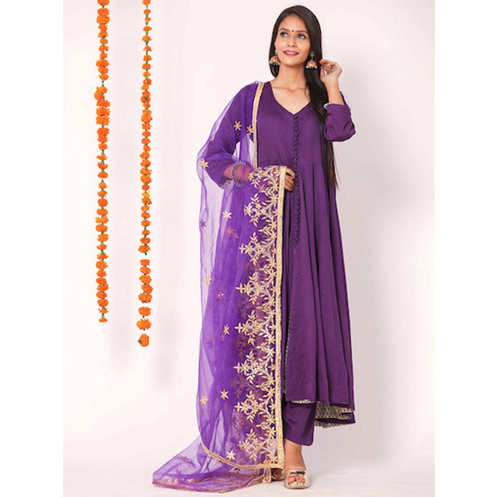 Gulabo Jaipur Purple Mudaal Kurta With Pant & Organza And Gottapatti Work Dupatta (Set of 3)