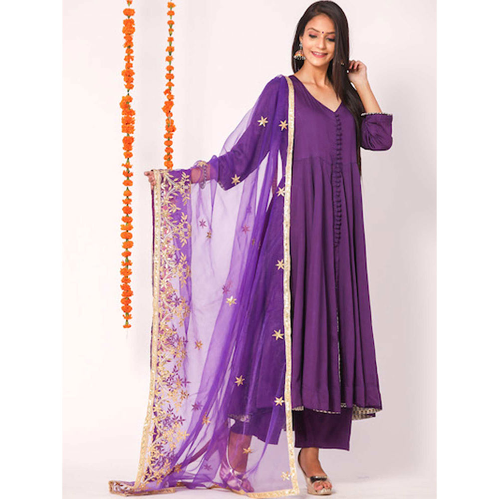 Gulabo Jaipur Purple Mudaal Kurta With Pant & Organza And Gottapatti Work Dupatta (Set of 3)