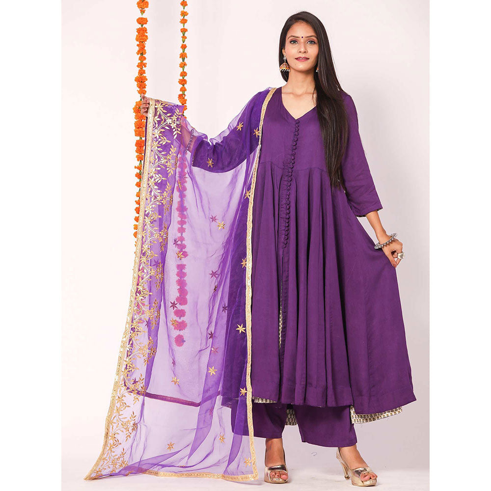 Gulabo Jaipur Purple Mudaal Kurta With Pant & Organza And Gottapatti Work Dupatta (Set of 3)