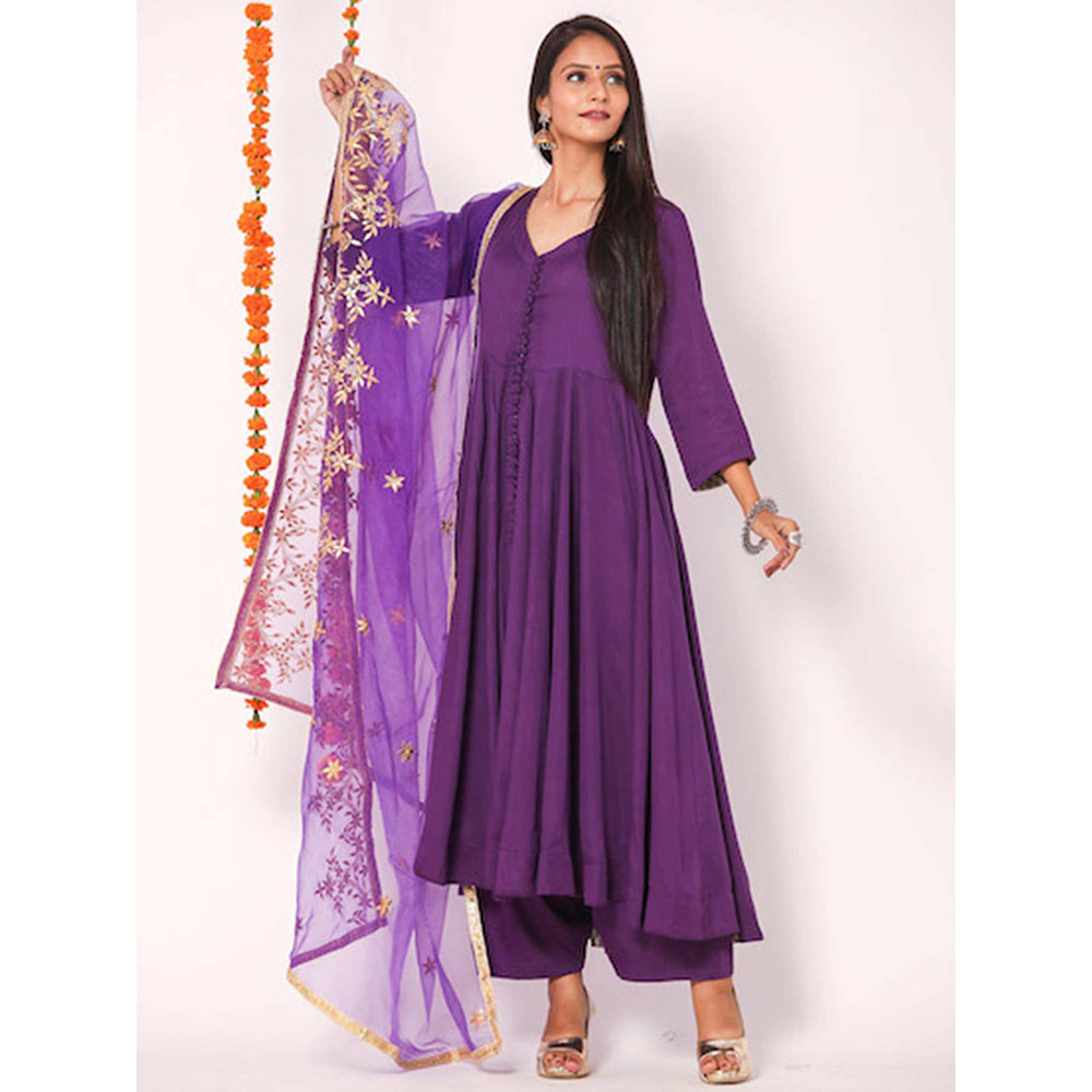 Gulabo Jaipur Purple Mudaal Kurta With Pant & Organza And Gottapatti Work Dupatta (Set of 3)