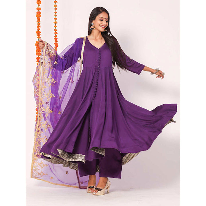Gulabo Jaipur Purple Mudaal Kurta With Pant & Organza And Gottapatti Work Dupatta (Set of 3)