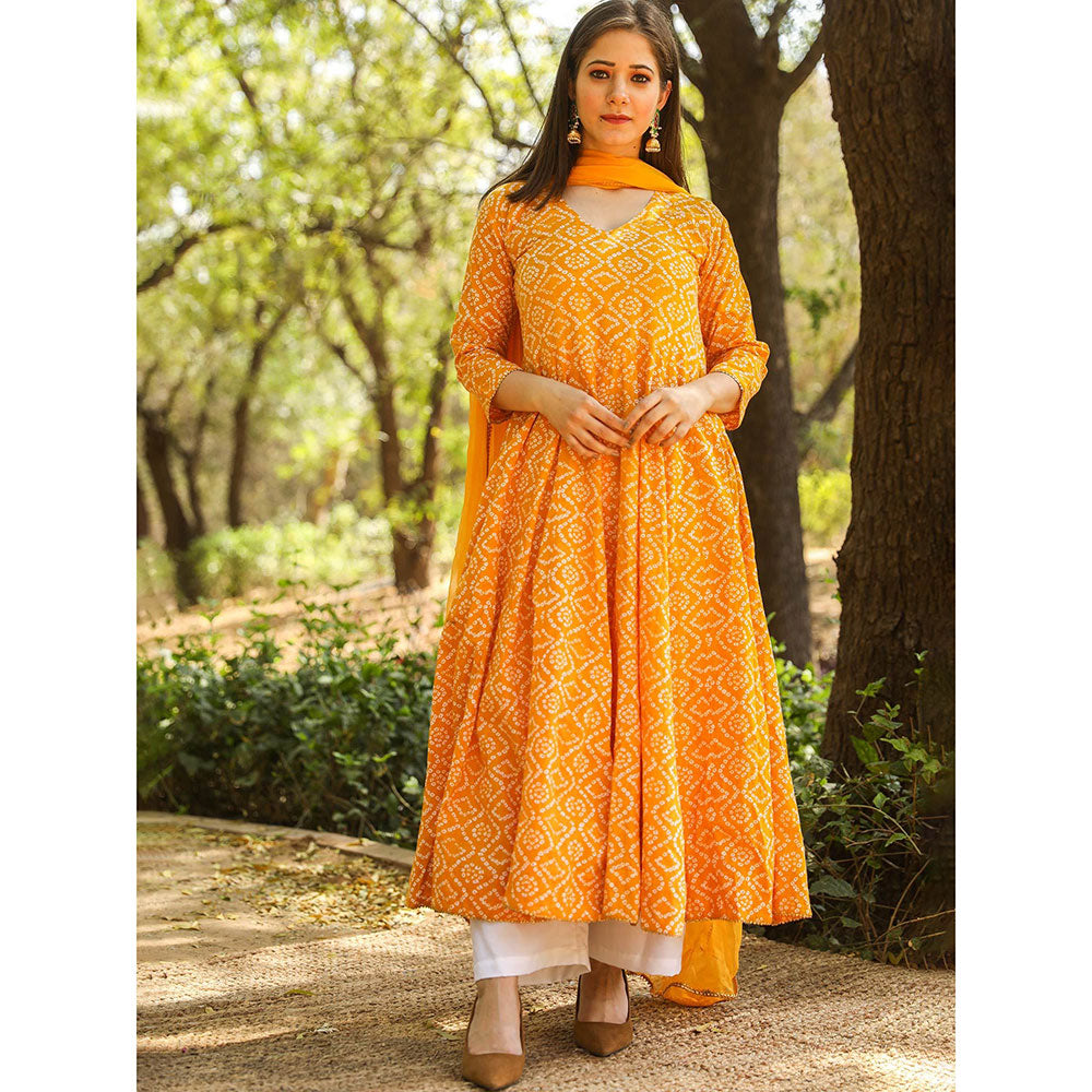 Gulabo Jaipur Yellow Cotton Anarkali With Pant & Chiffon Dupatta (Set of 3)