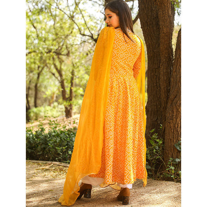 Gulabo Jaipur Yellow Cotton Anarkali With Pant & Chiffon Dupatta (Set of 3)