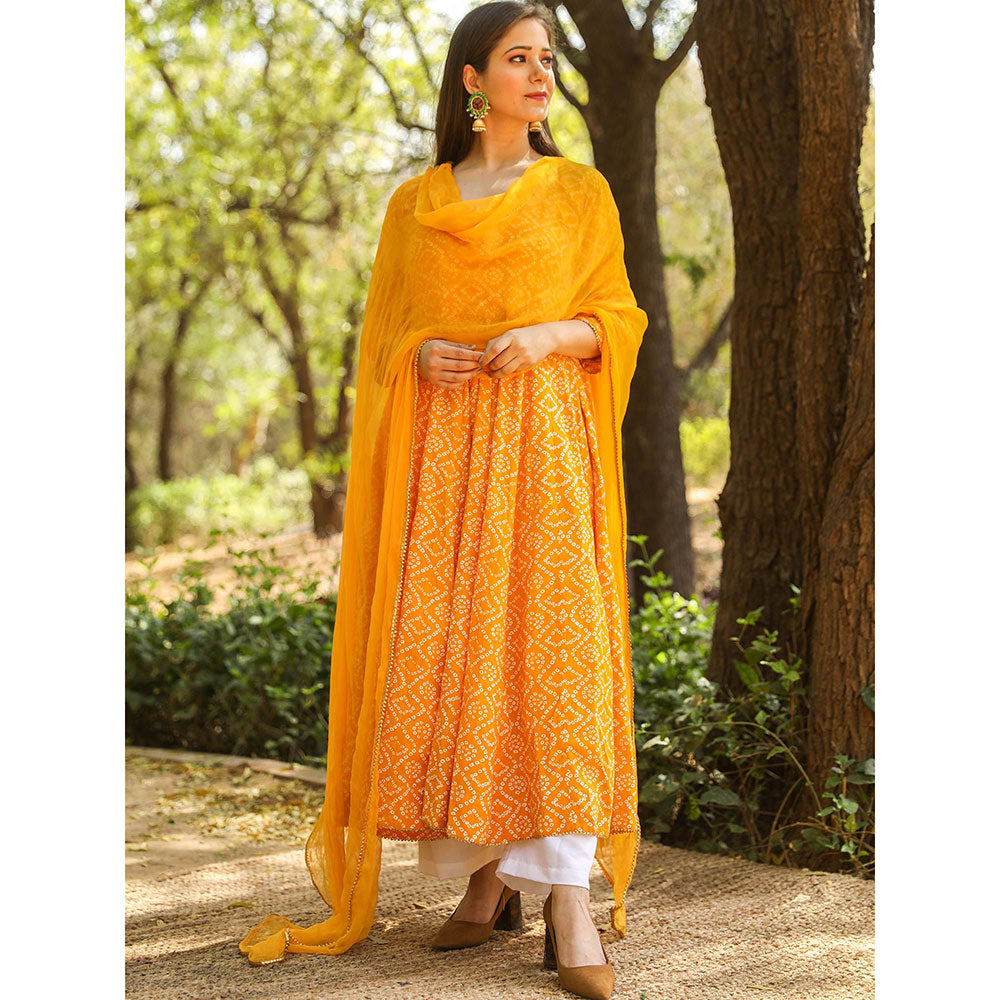 Gulabo Jaipur Yellow Cotton Anarkali With Pant & Chiffon Dupatta (Set of 3)
