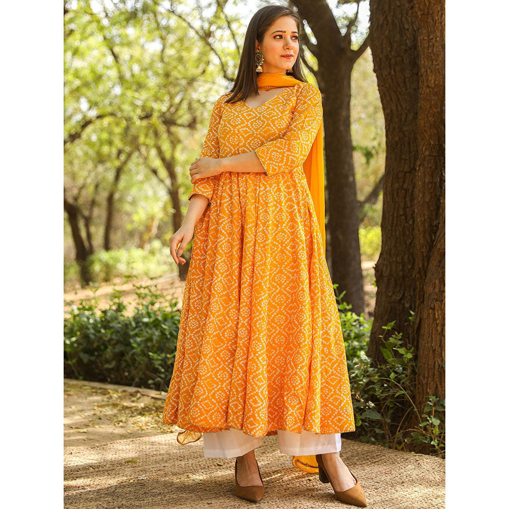 Gulabo Jaipur Yellow Cotton Anarkali With Pant & Chiffon Dupatta (Set of 3)