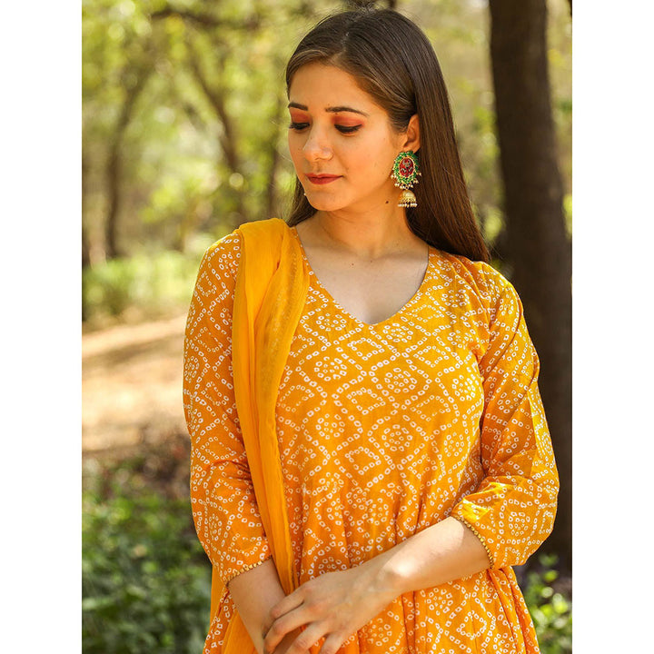 Gulabo Jaipur Yellow Cotton Anarkali With Pant & Chiffon Dupatta (Set of 3)