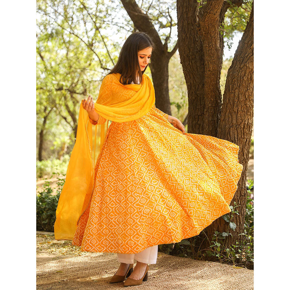 Gulabo Jaipur Yellow Cotton Anarkali With Pant & Chiffon Dupatta (Set of 3)