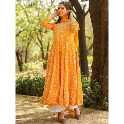 Gulabo Jaipur Yellow Cotton Anarkali With Pant & Chiffon Dupatta (Set of 3)