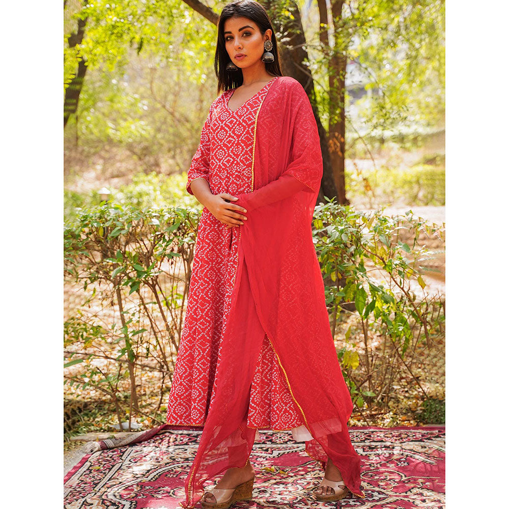 Gulabo Jaipur Red Cotton Anarkali With Pant & Chiffon Dupatta (Set of 3)