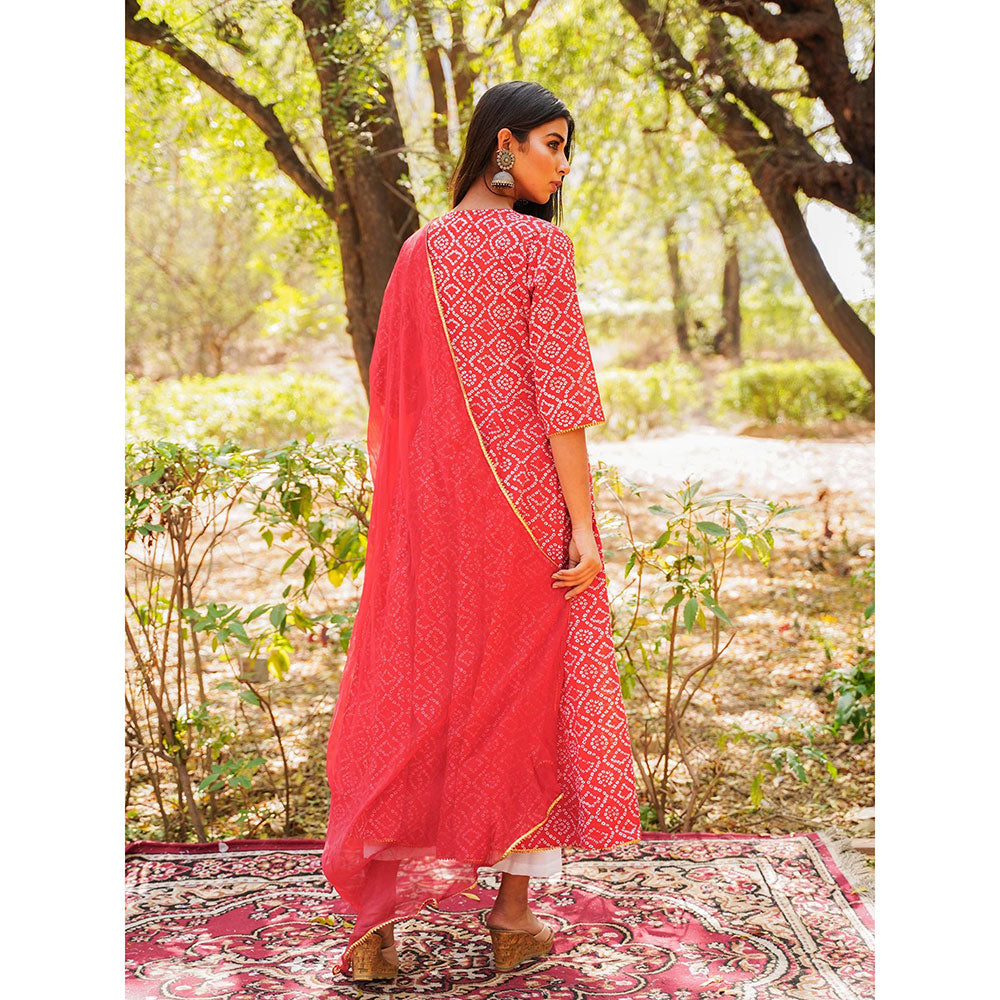 Gulabo Jaipur Red Cotton Anarkali With Pant & Chiffon Dupatta (Set of 3)