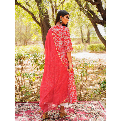 Gulabo Jaipur Red Cotton Anarkali With Pant & Chiffon Dupatta (Set of 3)