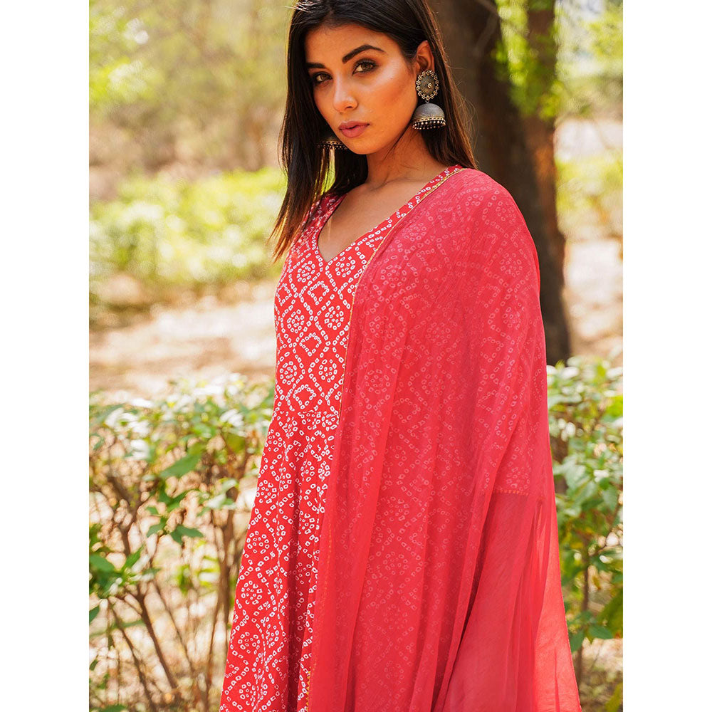 Gulabo Jaipur Red Cotton Anarkali With Pant & Chiffon Dupatta (Set of 3)