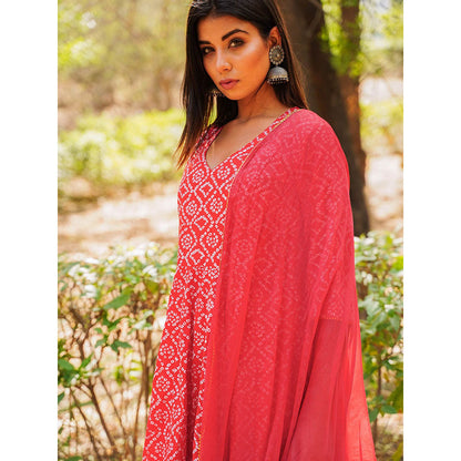Gulabo Jaipur Red Cotton Anarkali With Pant & Chiffon Dupatta (Set of 3)