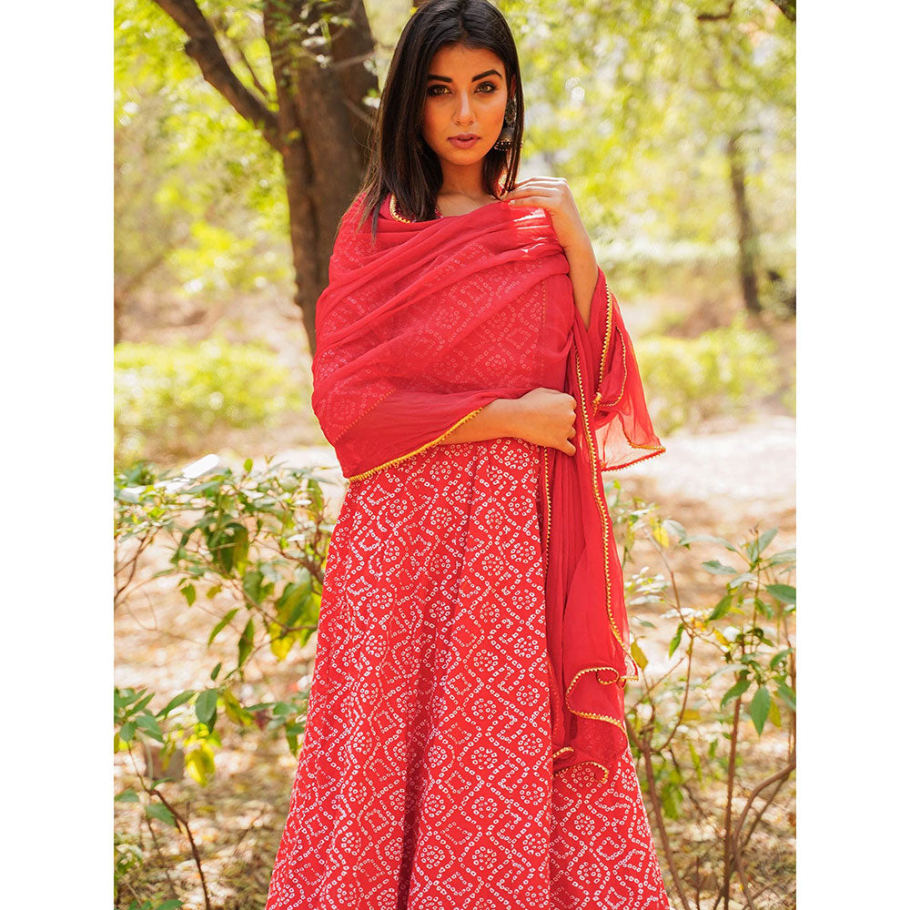 Gulabo Jaipur Red Cotton Anarkali With Pant & Chiffon Dupatta (Set of 3)