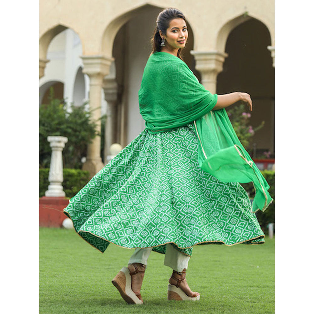 Gulabo Jaipur Green Cotton Anarkali With Pant & Chiffon Dupatta (Set of 3)