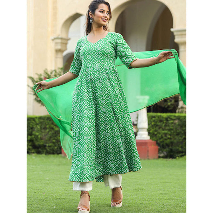 Gulabo Jaipur Green Cotton Anarkali With Pant & Chiffon Dupatta (Set of 3)