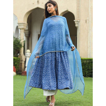 Gulabo Jaipur Blue Cotton Anarkali With Pant & Chiffon Dupatta (Set of 3)