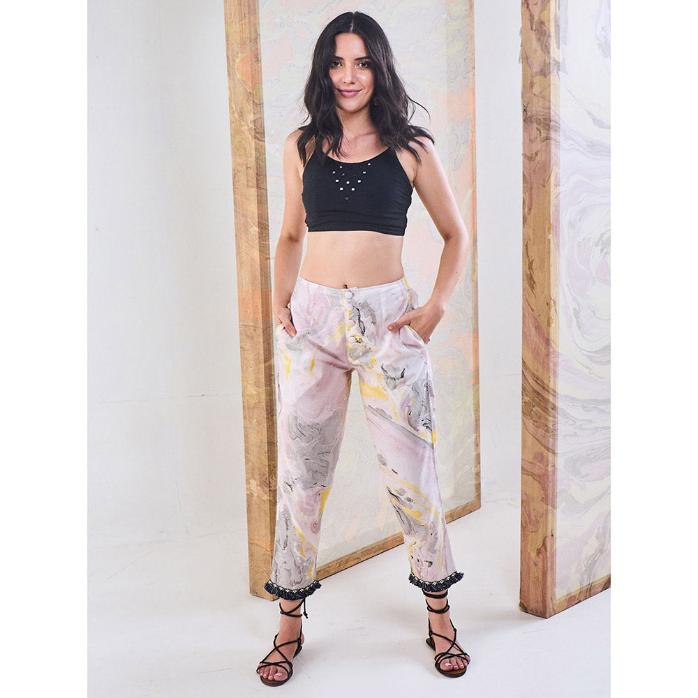 Gulaal Black Embroidered Bralettete with Marble Print Pant (Set of 2)