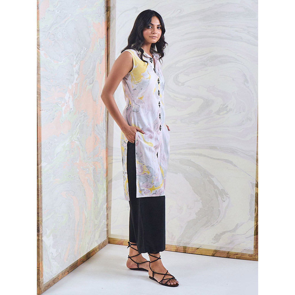 Gulaal Black & Yellow Marble Sleeveless Kurta-Pant (Set of 2)