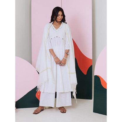 Gulaal Ajuni White Mirror Embroidered Kurta Palazzo with Chanderi Dupatta (Set of 3)