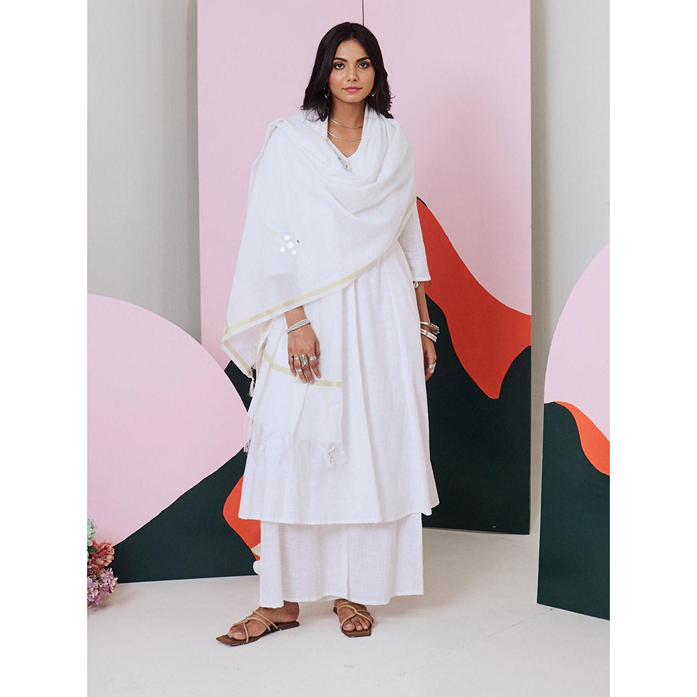 Gulaal Ajuni White Mirror Embroidered Kurta Palazzo with Chanderi Dupatta (Set of 3)