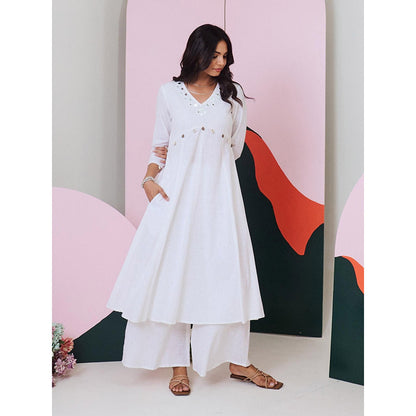 Gulaal Ajuni White Mirror Embroidered Kurta Palazzo with Chanderi Dupatta (Set of 3)