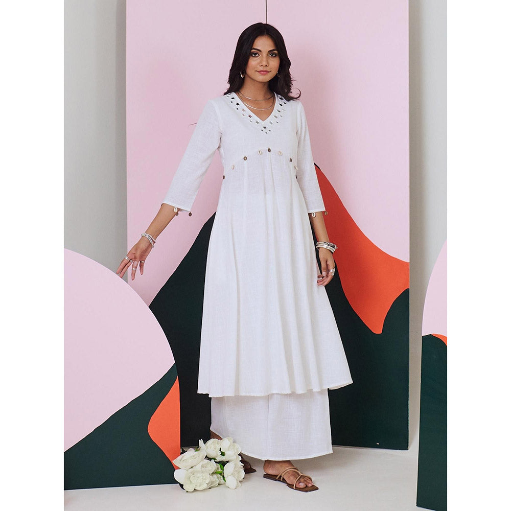 Gulaal Ajuni White Mirror Embroidered Kurta Palazzo with Chanderi Dupatta (Set of 3)