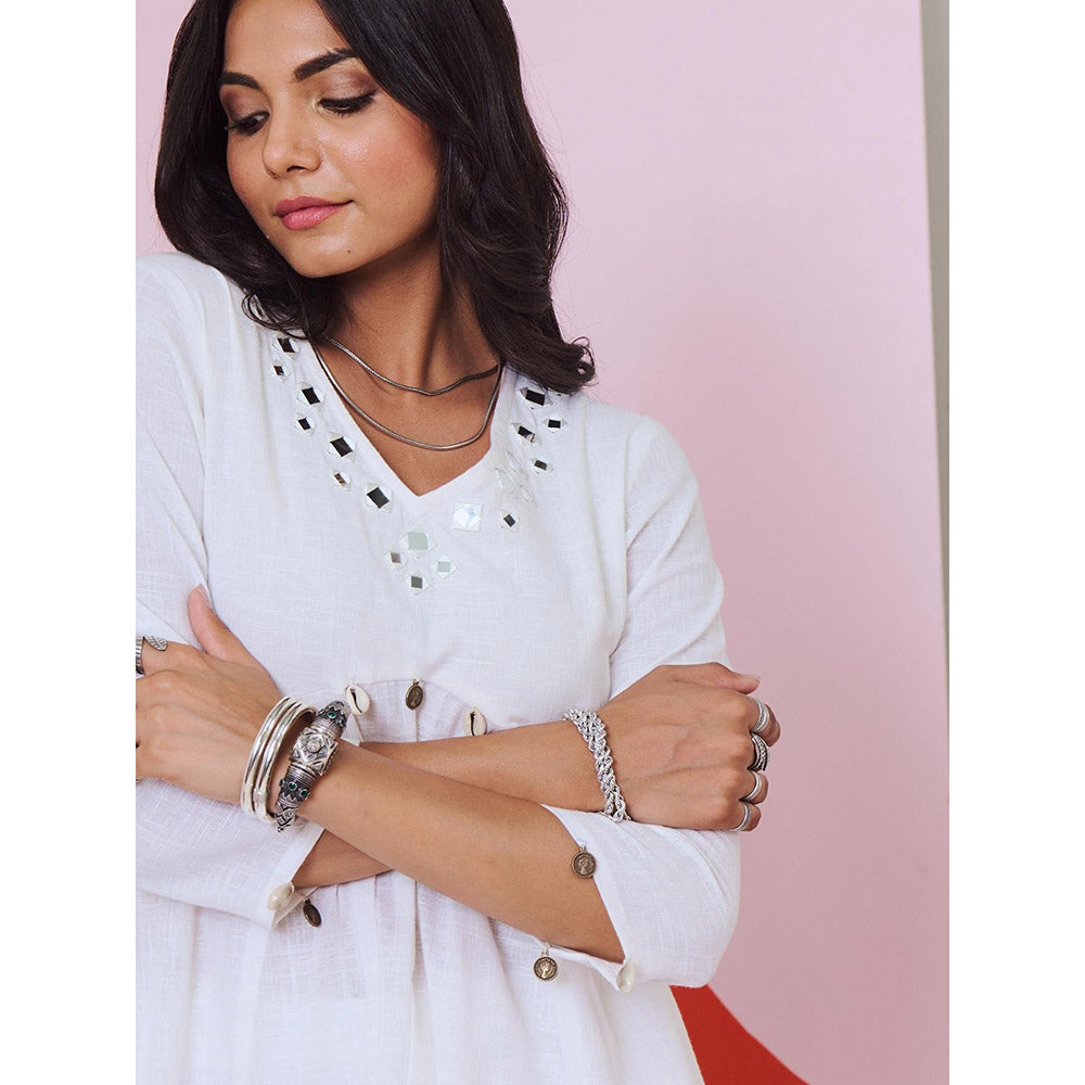 Gulaal Ajuni White Mirror Embroidered Kurta Palazzo with Chanderi Dupatta (Set of 3)