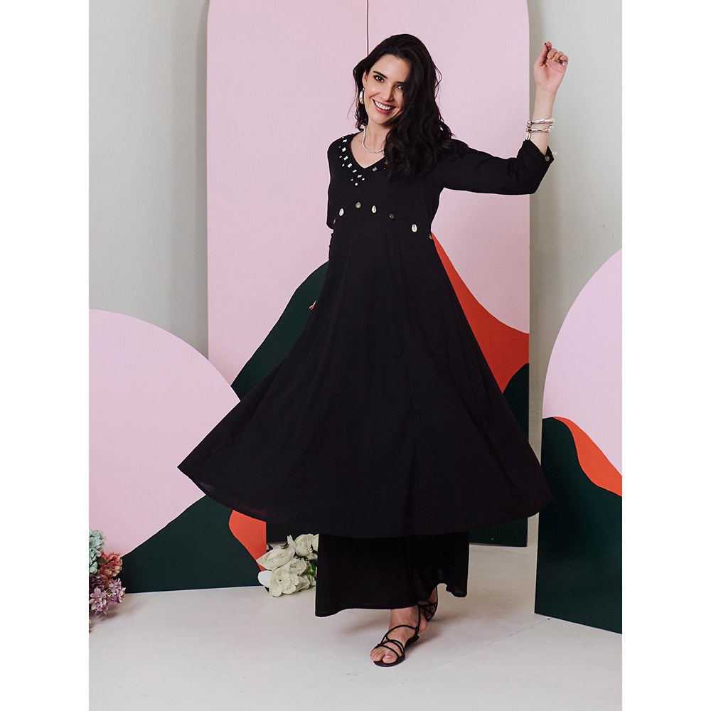 Gulaal Ajuni Black Mirror Embroidered Kurta Palazzo with Chanderi Dupatta (Set of 3)