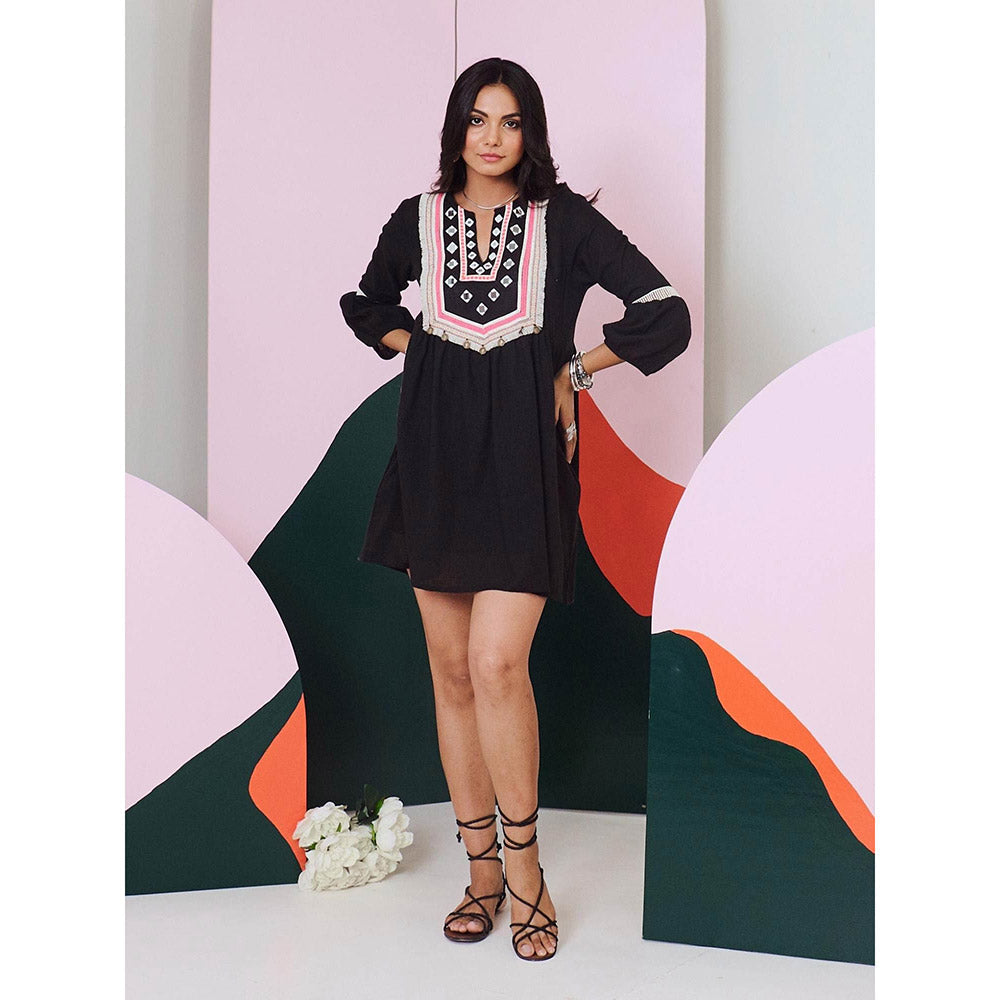 Gulaal Veronica Black Mirror Work Short Dress with Lace Detailing