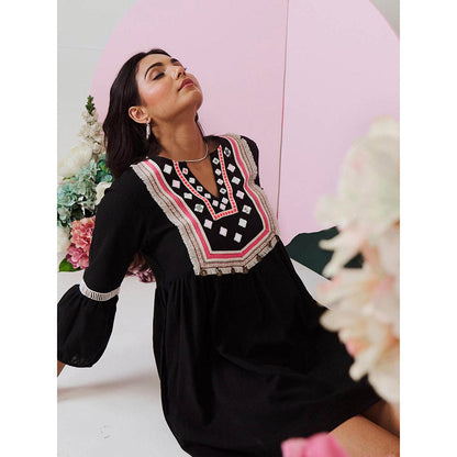Gulaal Veronica Black Mirror Work Short Dress with Lace Detailing