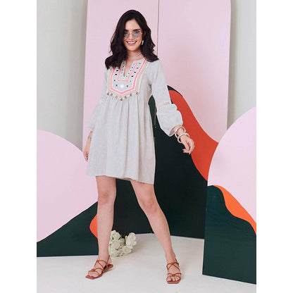 Gulaal Veronica Grey Mirror Work Short Dress with Lace Detailing