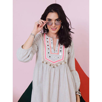Gulaal Veronica Grey Mirror Work Short Dress with Lace Detailing